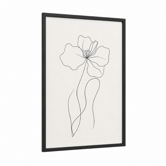 Minimalist Hibiscus framed art print — black wood frame — black and white palette