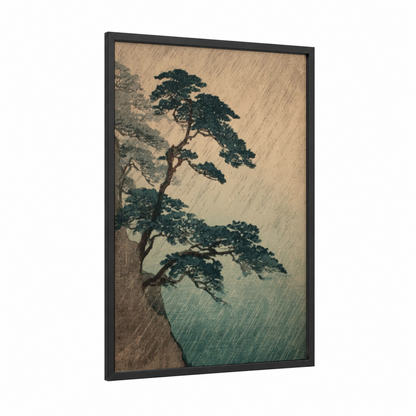 Windswept Pine Storm framed art print — black wood frame — dark green and beige palette