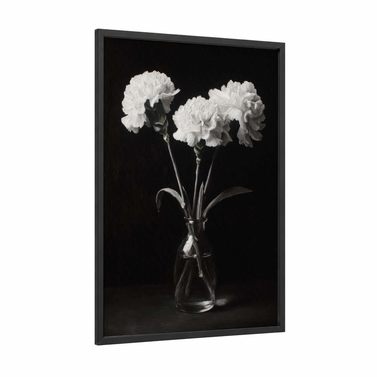 Ethereal White Carnations framed art print — black wood frame — black and white and white palette