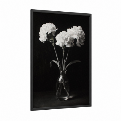 Ethereal White Carnations framed art print — black wood frame — black and white and white palette