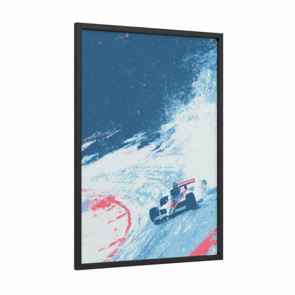 Alpine Racer framed auto racing print — black wood frame — blue and white palette