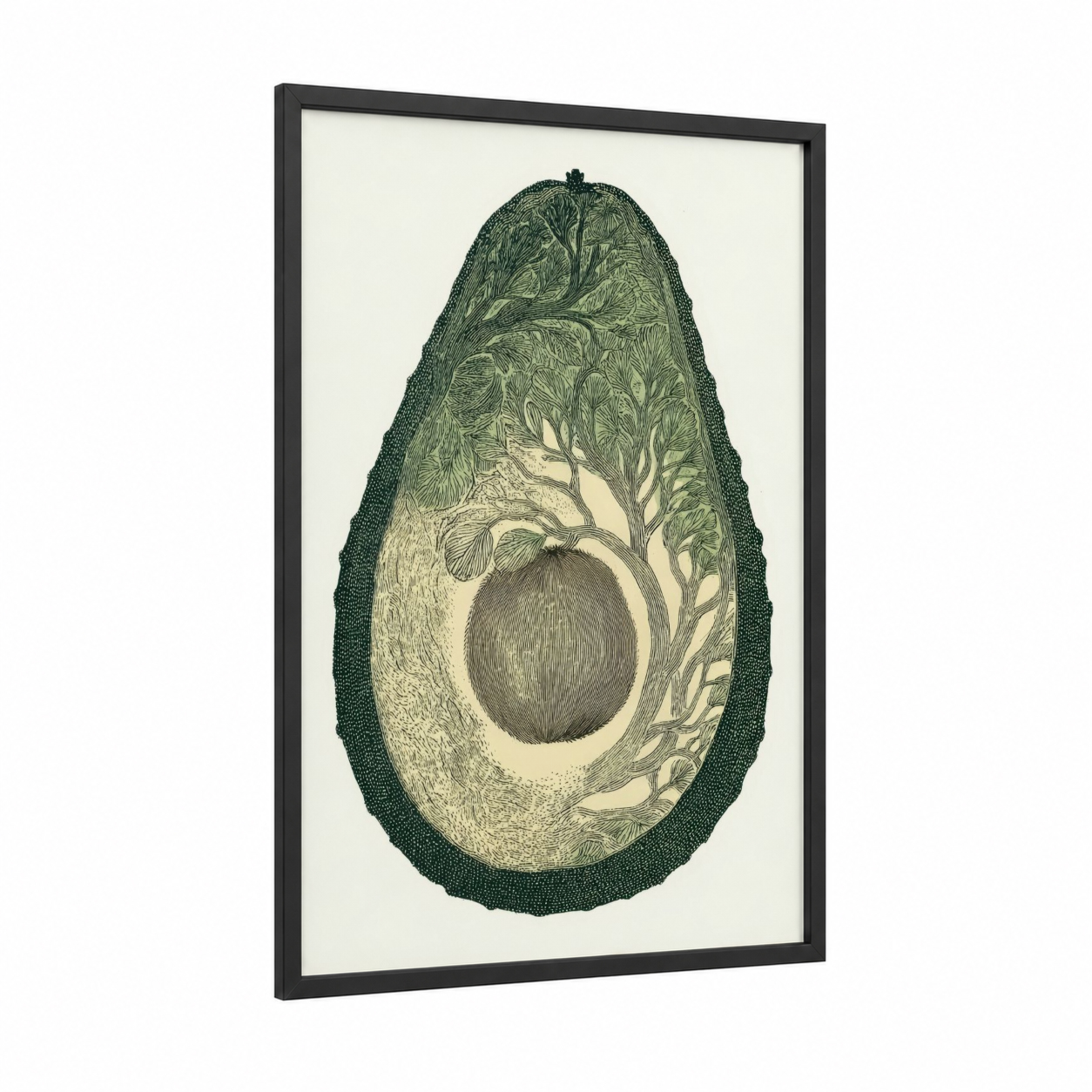 Avocado Anatomy framed fruit print — black wood frame — dark green and cream palette