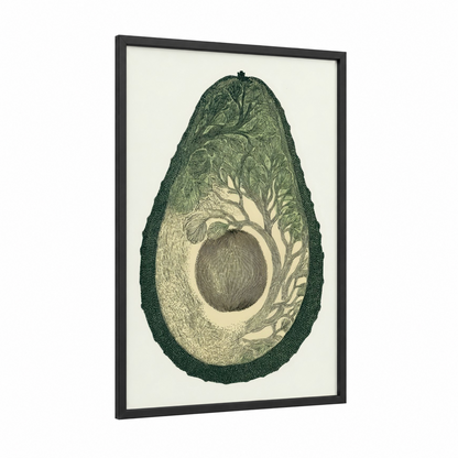 Avocado Anatomy framed fruit print — black wood frame — dark green and cream palette
