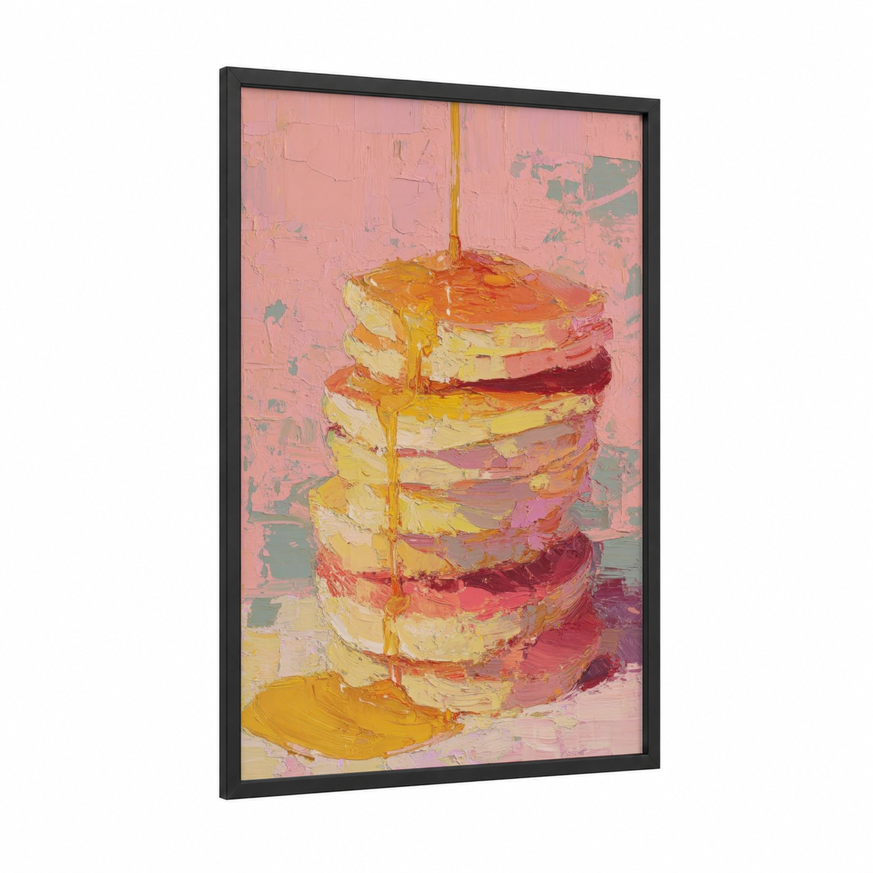 Golden Pancake Stack framed breakfast print — black wood frame — gold and pink palette