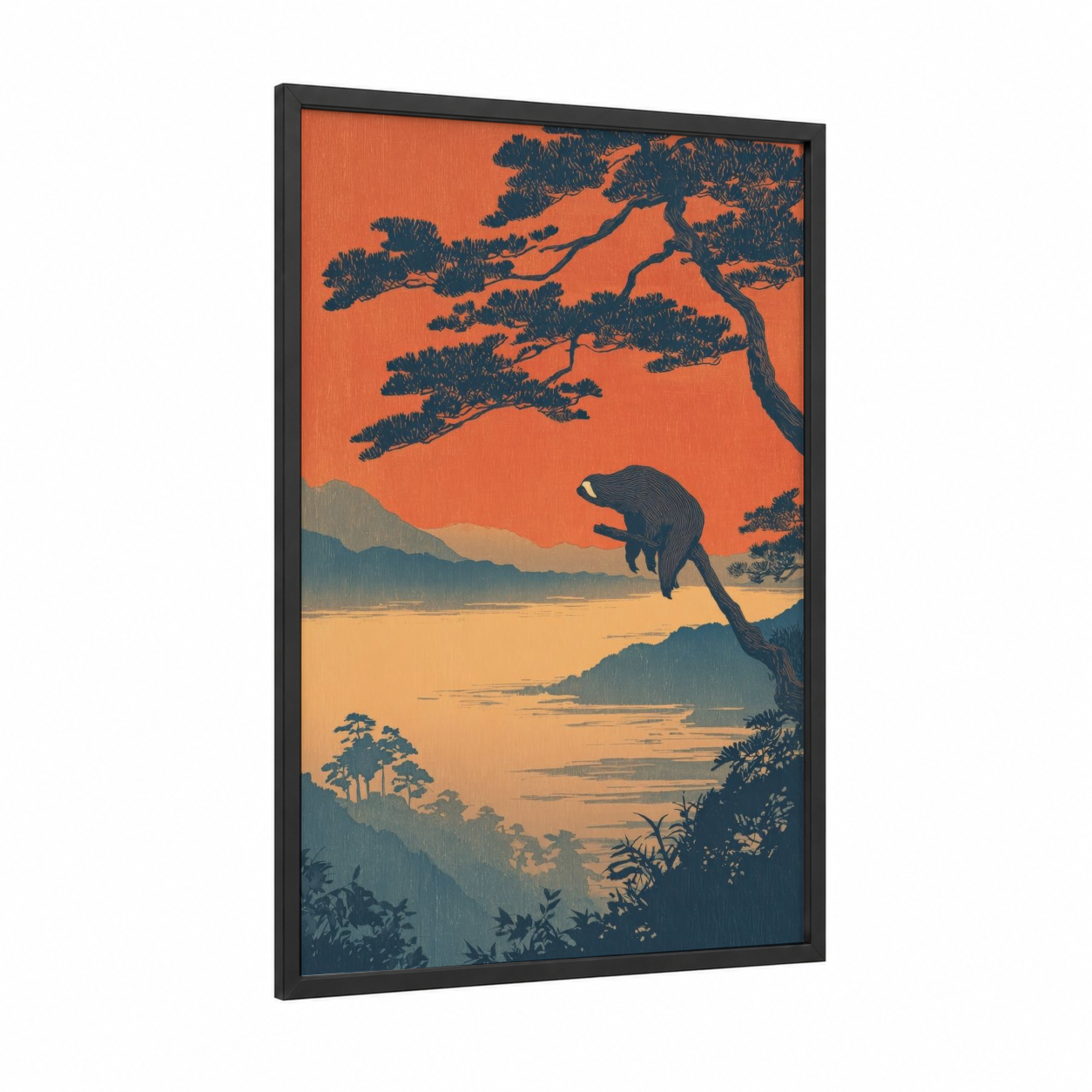 Sunset Sloth framed art print — black wood frame — orange and dark blue palette