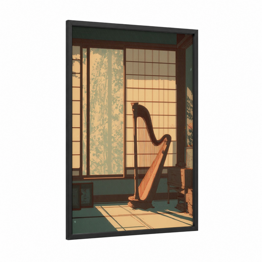 Sunlit Harp framed art print — black wood frame — cream and gold palette