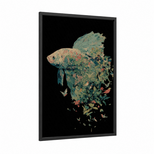 Botanical Betta framed betta fish print — black wood frame — teal and cream palette