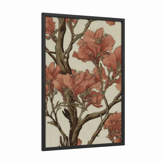 Coral Desert Bloom framed savanna and desert trees print — black wood frame — salmon pink and cream palette