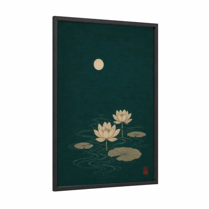 Moonlit Lotus Pond Zen Wall Art framed art print — black wood frame — teal and beige palette