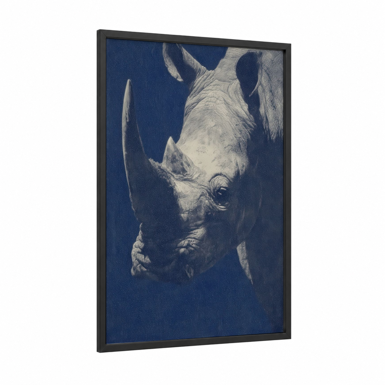 Dramatic Rhino Portrait framed art print — black wood frame — blue and white and dark blue palette