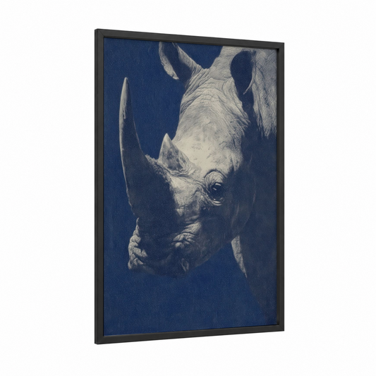 Dramatic Rhino Portrait framed art print — black wood frame — blue and white and dark blue palette