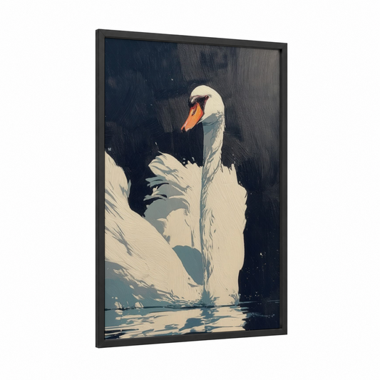 Graceful Swan framed art print — black wood frame — dark blue and white palette