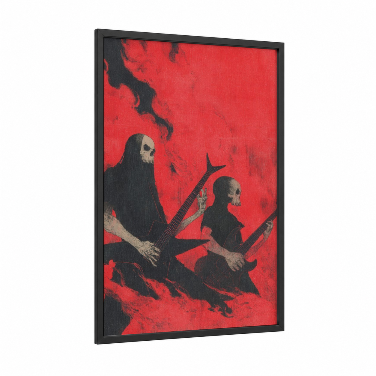 Skeletal Serenade framed death metal print — black wood frame — red and black palette