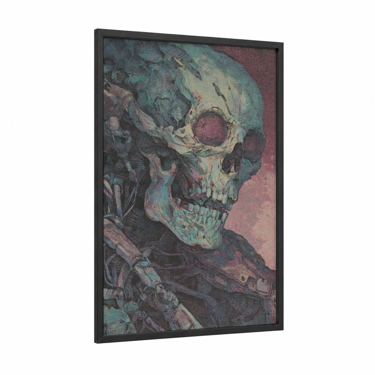 Ethereal Zombie framed art print — black wood frame — teal and maroon palette