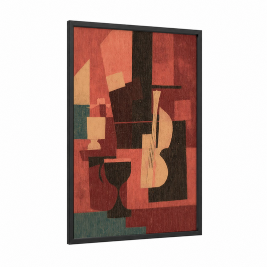 Jazz Abstraction framed art print — black wood frame — russet and black and gold palette