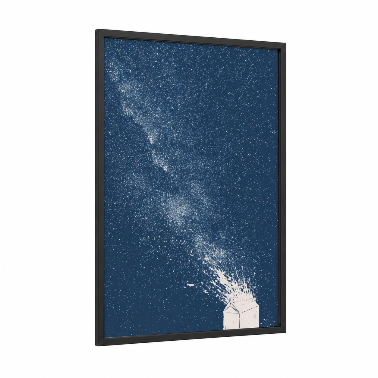 Cosmic Wonder framed milky way print — black wood frame — dark blue and white palette