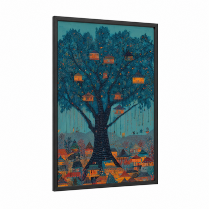 Illuminated Banyan framed banyan tree print — black wood frame — teal and gold palette