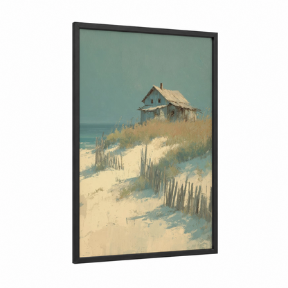 Coastal Cottage framed art print — black wood frame — sage green and cream palette