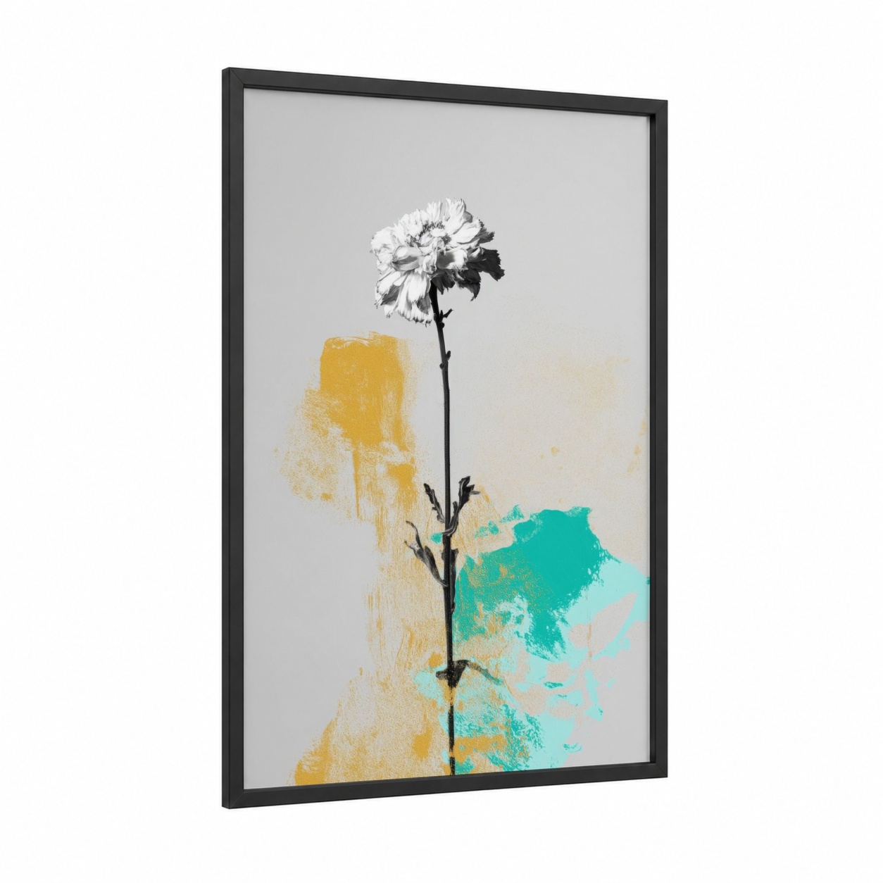 Minimalist Bloom framed abstract flower print — black wood frame — gold and teal palette