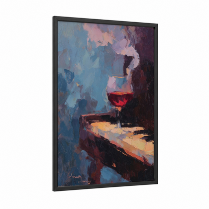 Evening Wine framed red wine print — black wood frame — blue and red palette