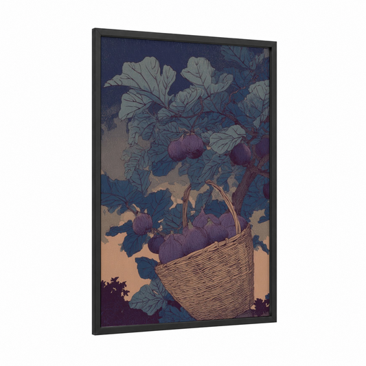 Harvest Figs Basket framed fruit print — black wood frame — maroon and sage green palette