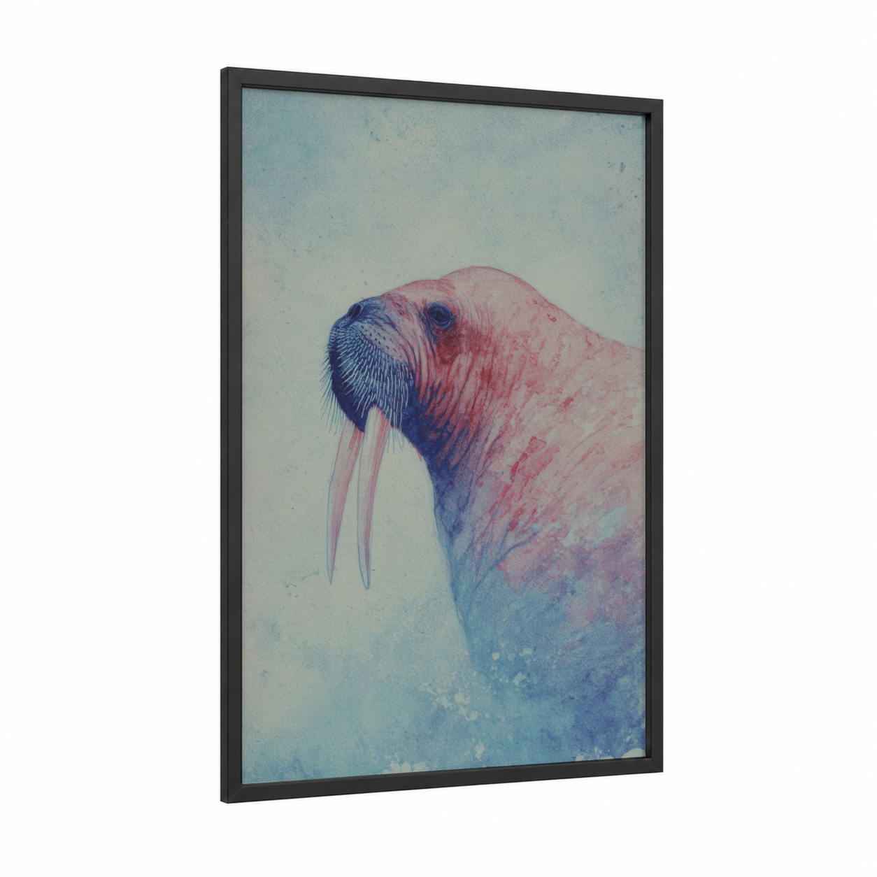 Arctic Walrus framed art print — black wood frame — blue and rose gold palette
