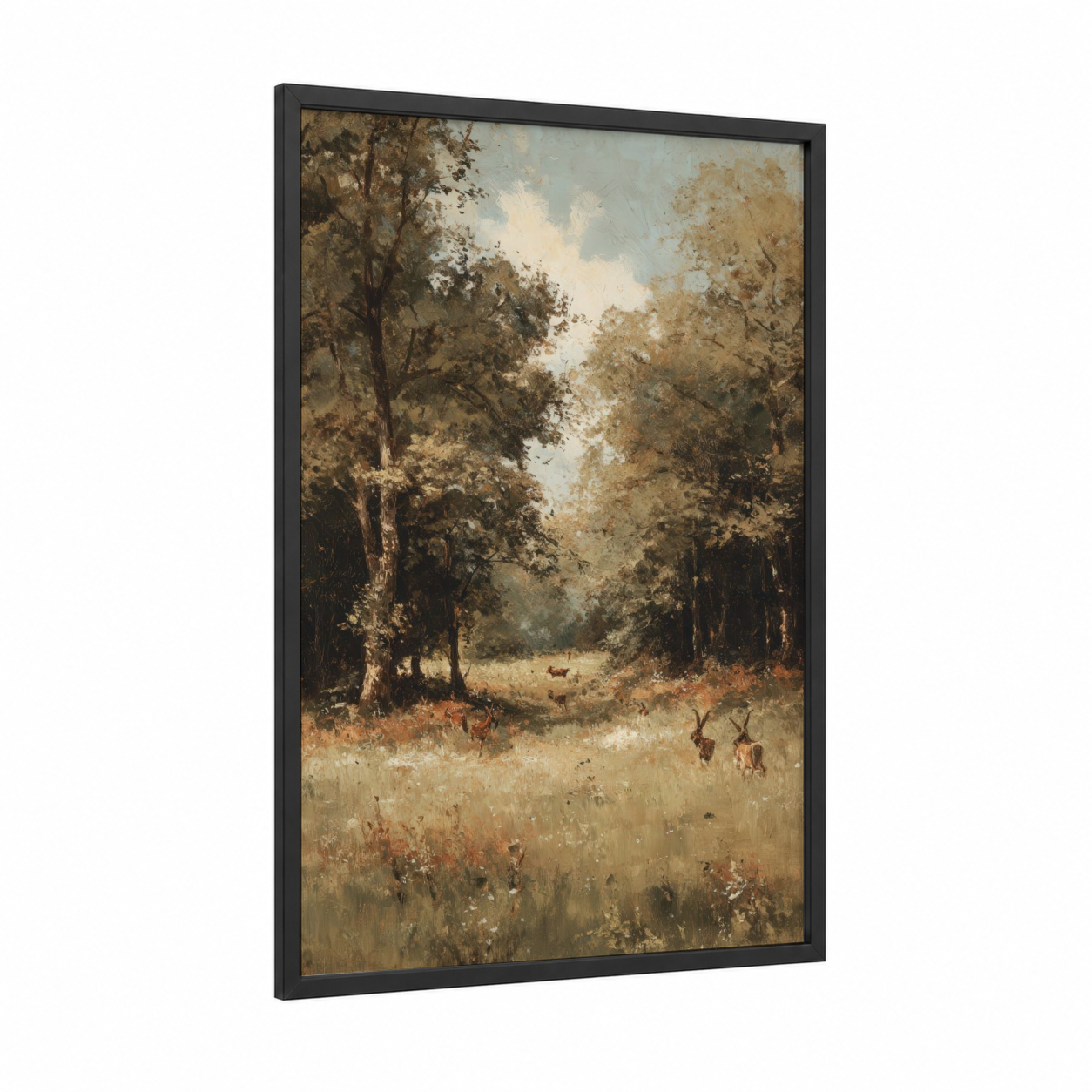Golden Oak Forest framed art print — black wood frame — gold and sage green palette
