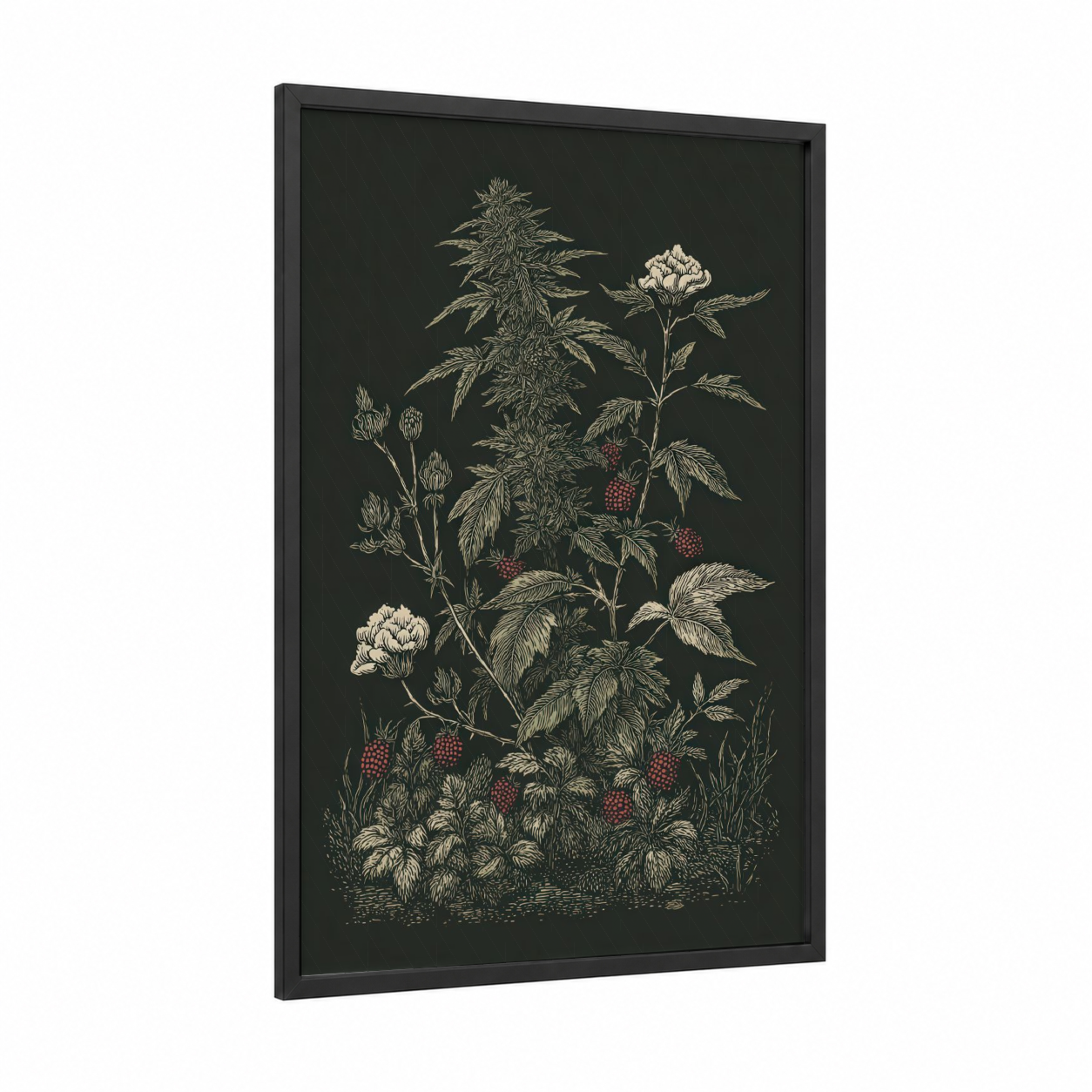Botanical Cannabis Study framed art print — black wood frame — cream and dark green palette