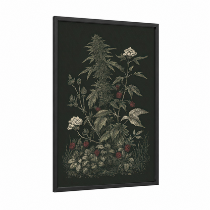Botanical Cannabis Study framed art print — black wood frame — cream and dark green palette