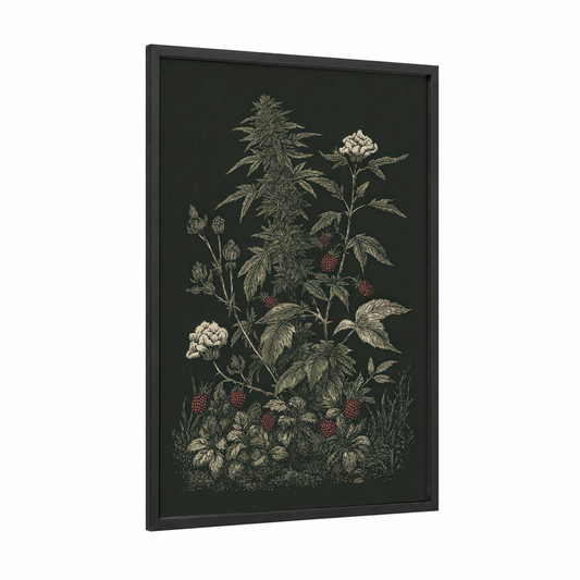 Botanical Cannabis Study framed art print — black wood frame — cream and dark green palette