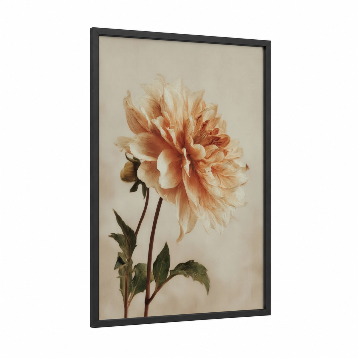 Peachy Dahlia framed art print — black wood frame — peach and cream palette