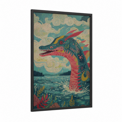 Emerald Lake Monster framed loch ness monster print — black wood frame — teal and cream palette