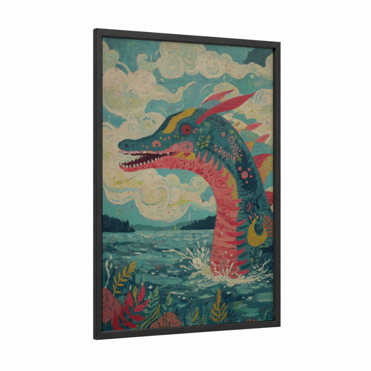 Emerald Lake Monster framed loch ness monster print — black wood frame — teal and cream palette