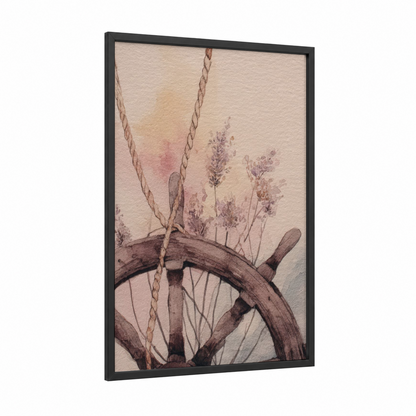 Lavender Shipwheel framed art print — black wood frame — cream and beige palette