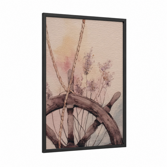 Lavender Shipwheel framed art print — black wood frame — cream and beige palette