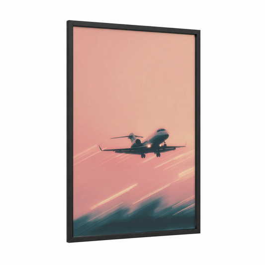 Sunset Private Jet framed art print — black wood frame — peach and gold palette