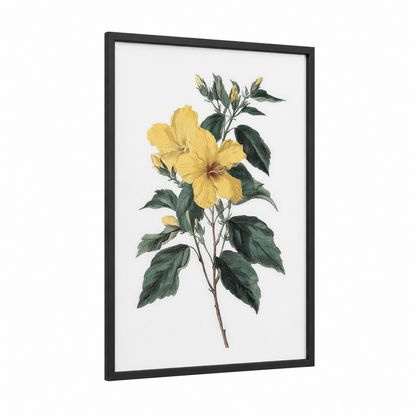 Golden Hibiscus framed art print — black wood frame — yellow gold and dark green palette