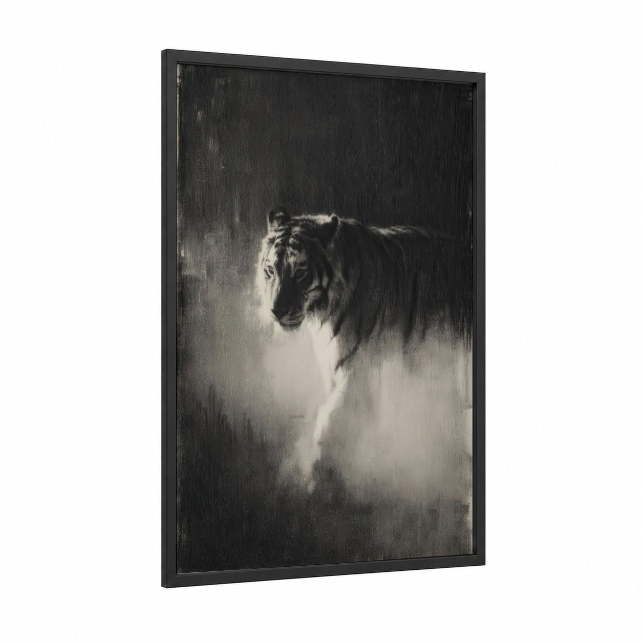 Misty Tiger framed art print — black wood frame — black and white and gray palette
