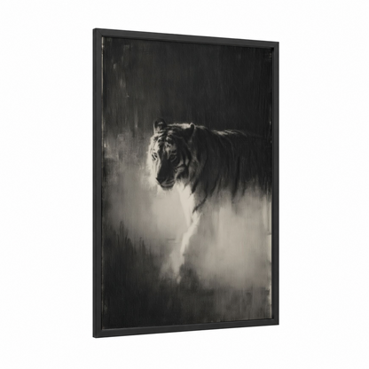 Misty Tiger framed art print — black wood frame — black and white and gray palette