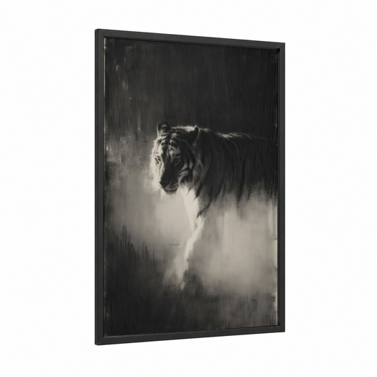 Misty Tiger framed art print — black wood frame — black and white and gray palette