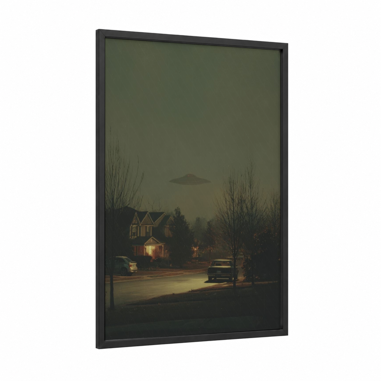 Suburban UFO Encounter framed art print — black wood frame — olive and gold palette
