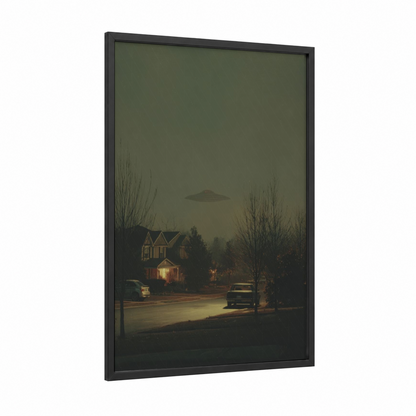 Suburban UFO Encounter framed art print — black wood frame — olive and gold palette