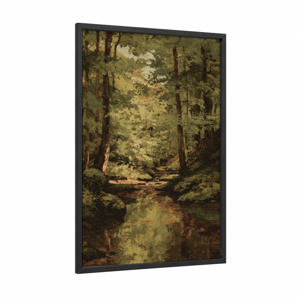 Luminous Cedar Stream framed cedar forest print — black wood frame — gold and dark green palette
