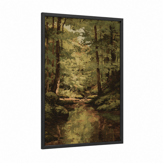 Luminous Cedar Stream framed cedar forest print — black wood frame — gold and dark green palette