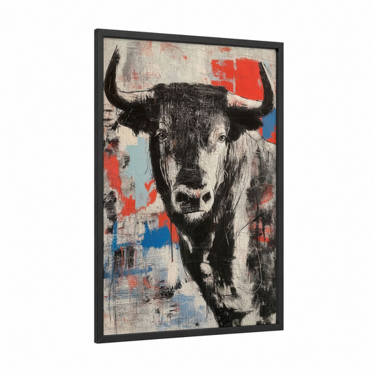 Red Bull Abstract framed art print — black wood frame — red and black and white palette