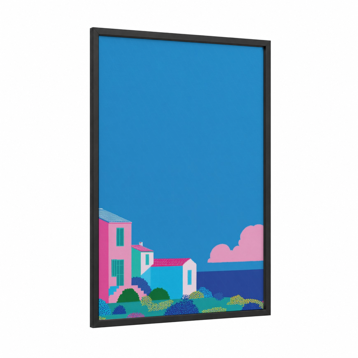Colorful Houses Landscape framed art print — black wood frame — blue and pink palette