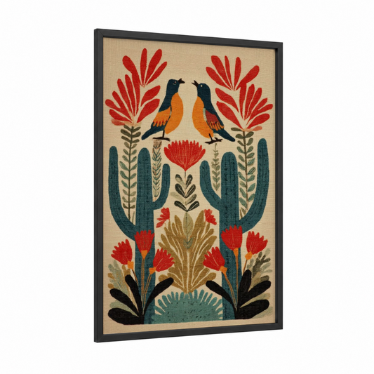 Desert Birds Cactus framed art print — black wood frame — red and teal palette