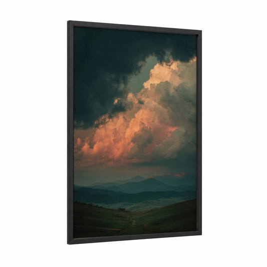 Approaching Storm framed art print — black wood frame — peach and dark green palette