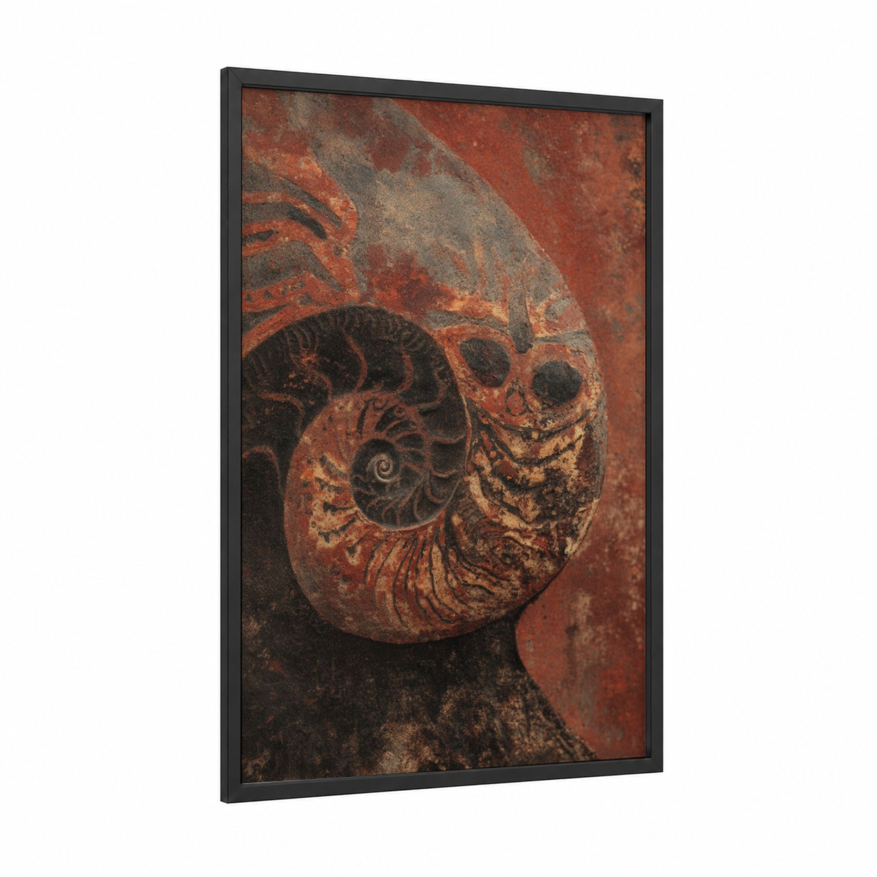 Rustic Nautilus framed art print — black wood frame — russet and dove gray palette