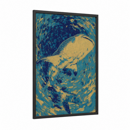 Golden Whale Shark framed art print — black wood frame — blue and gold palette
